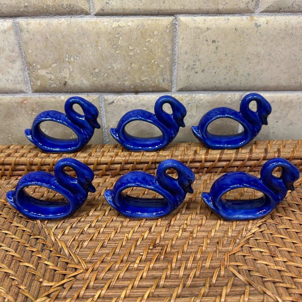 Six Blue Swan Ceramic Napkin Rings